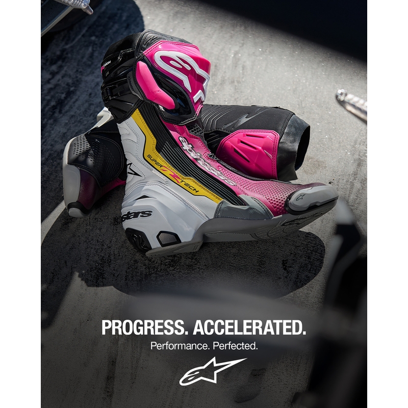 Buty motocyklowe Alpinestars Supertech R czarno-biało-różowo-żółte