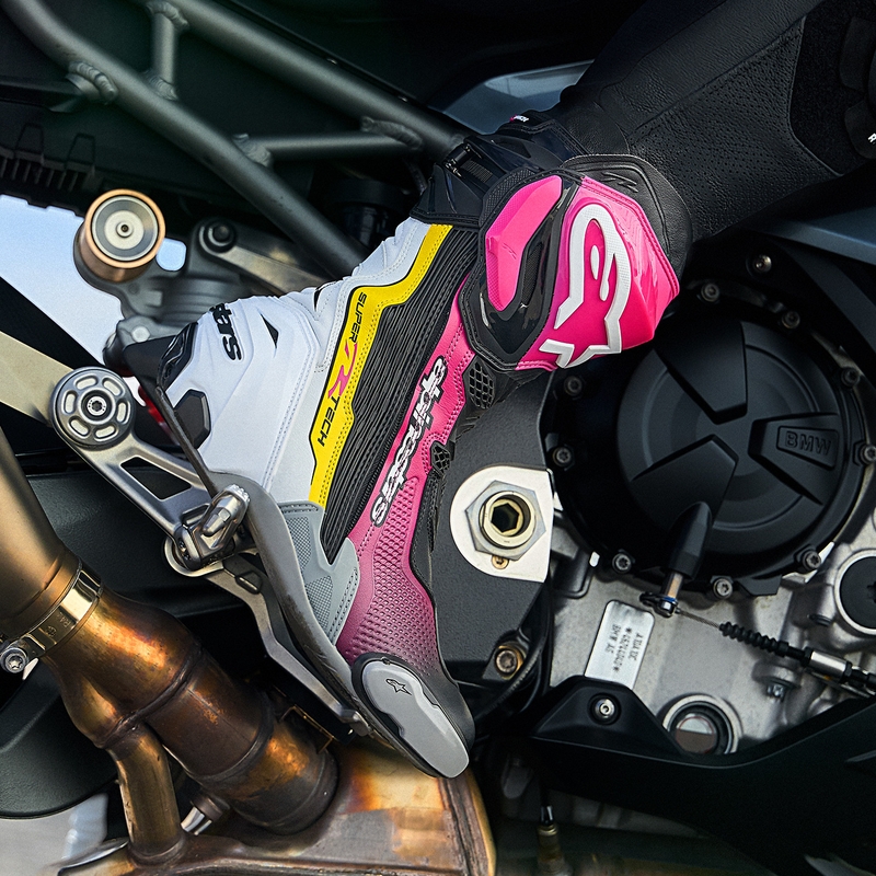 Buty motocyklowe Alpinestars Supertech R czarno-biało-różowo-żółte