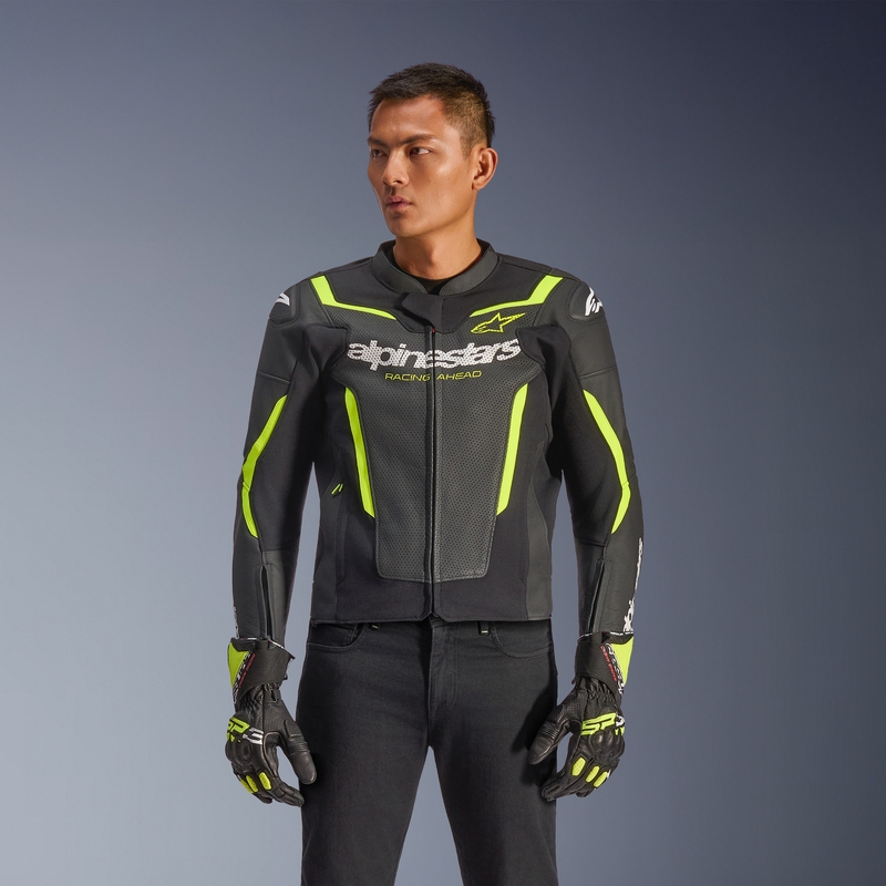 Kurtka motocyklowa skórzana Alpinestars GP Force V2 Airflow czarno-fluo-żółta