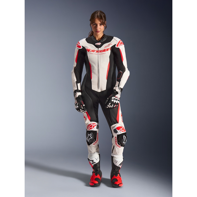 Jednoczęściowy skórzany kombinezon motocyklowy damski Alpinestars Stella GP-R7 biało-fluo czerwono-czarny