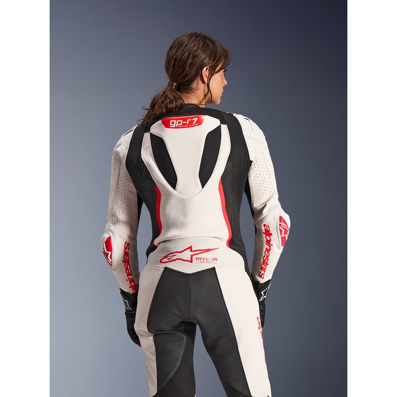 Jednoczęściowy skórzany kombinezon motocyklowy damski Alpinestars Stella GP-R7 biało-fluo czerwono-czarny