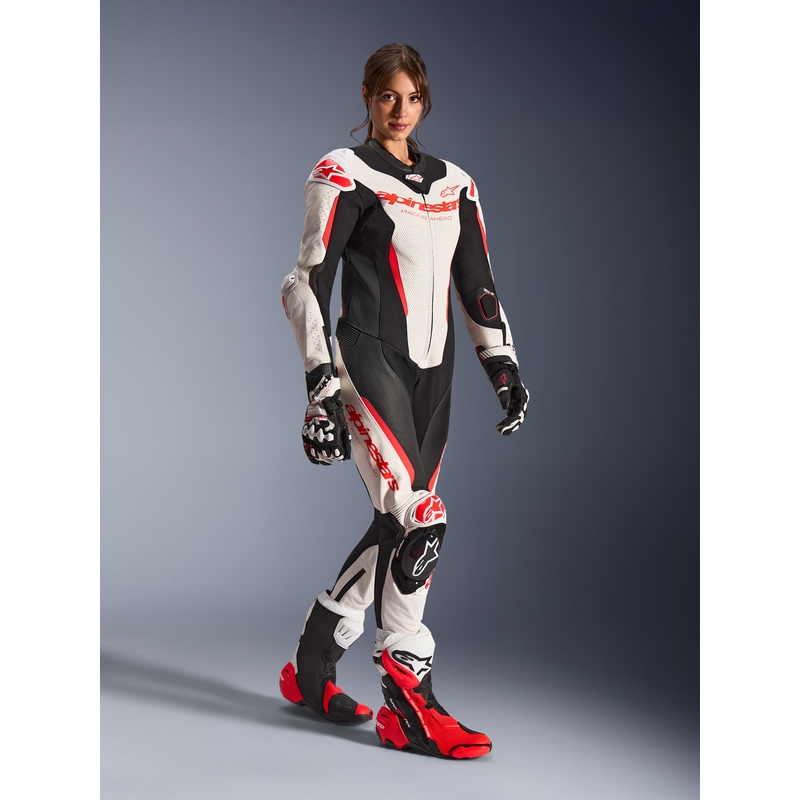Jednoczęściowy skórzany kombinezon motocyklowy damski Alpinestars Stella GP-R7 biało-fluo czerwono-czarny