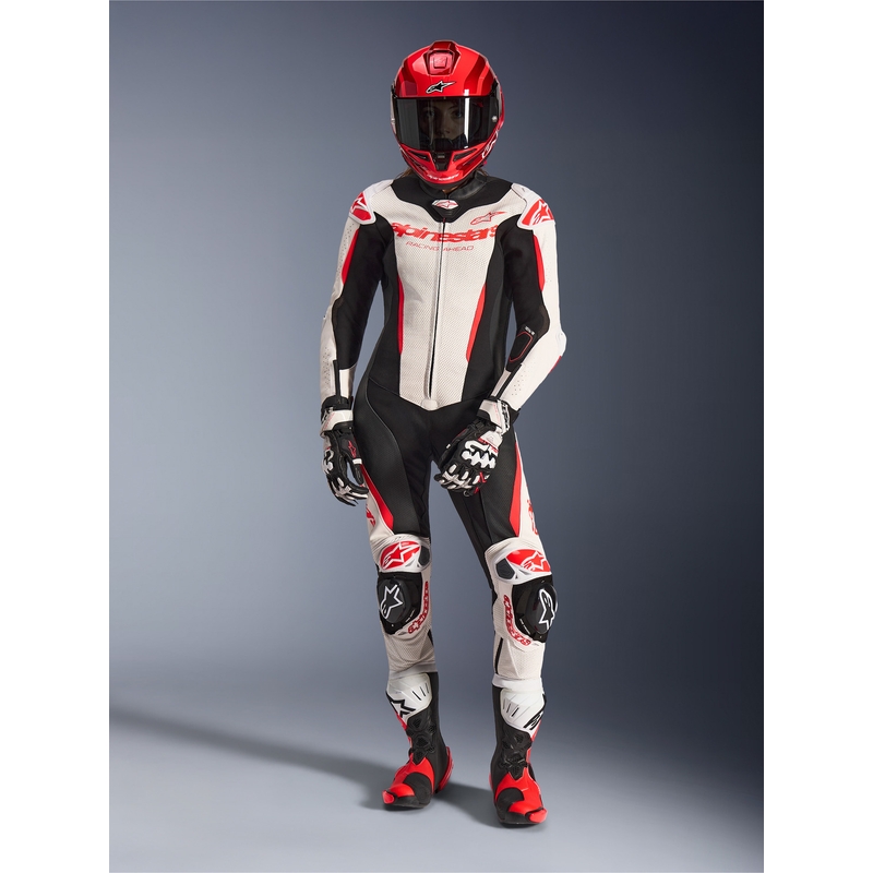 Jednoczęściowy skórzany kombinezon motocyklowy damski Alpinestars Stella GP-R7 biało-fluo czerwono-czarny