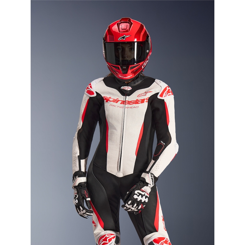 Jednoczęściowy skórzany kombinezon motocyklowy damski Alpinestars Stella GP-R7 biało-fluo czerwono-czarny