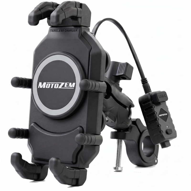 Uchwyt antywibracyjny MotoZem Claw PRO z ładowarką bezprzewodową i gniazdem USB-C czarny