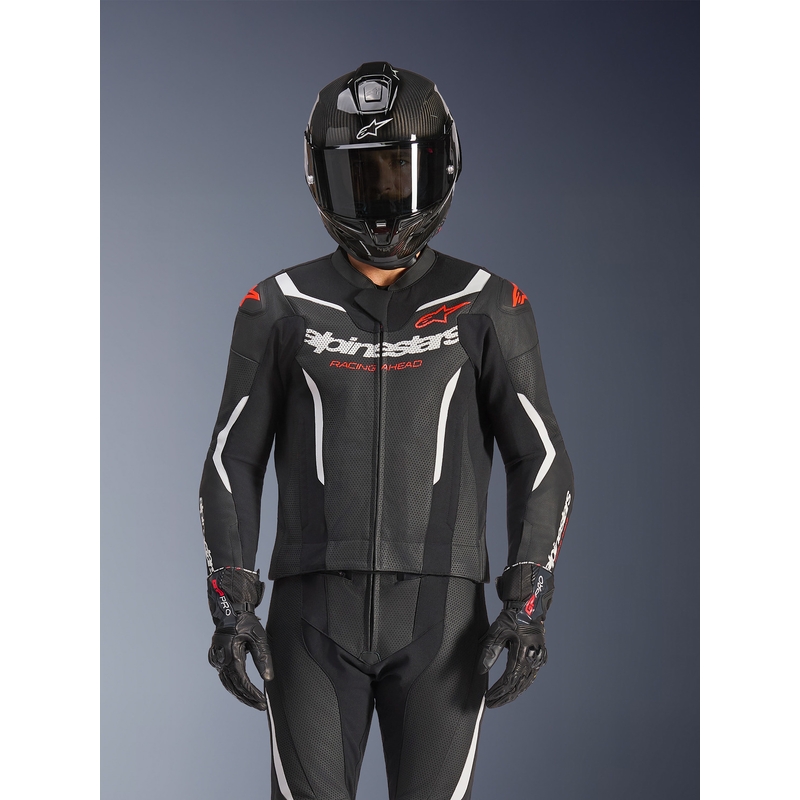 Dwuczęściowy skórzany kombinezon Alpinestars GP Force V2 w kolorze czarno-biało-fluo-czerwonym