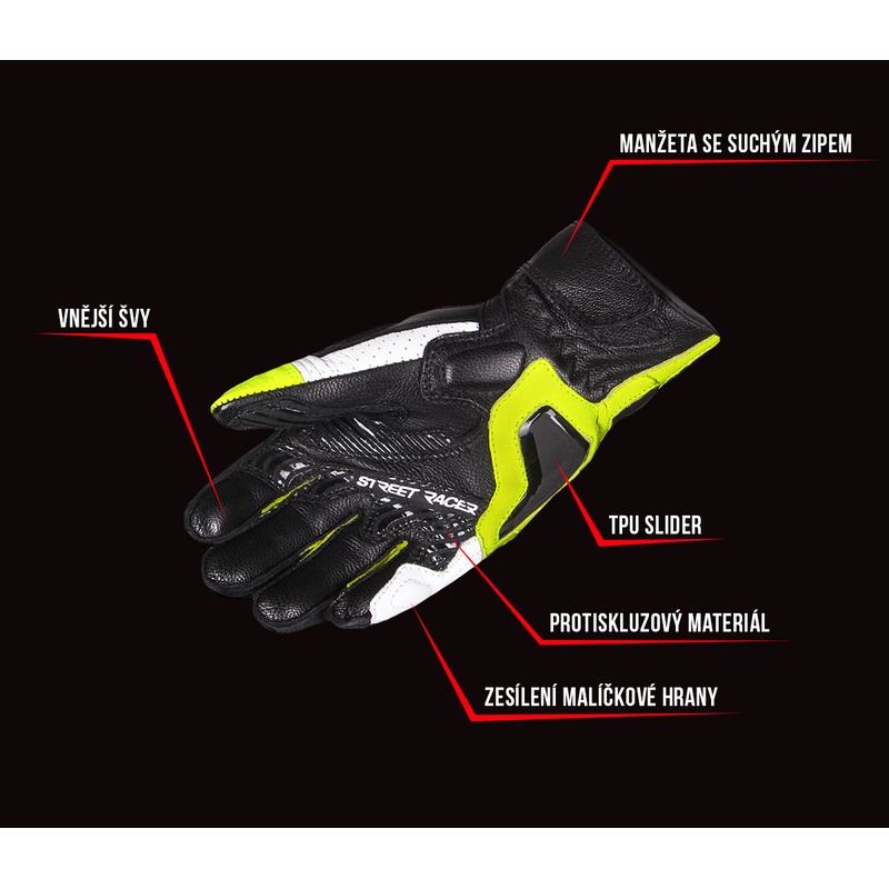 Damskie rękawice motocyklowe Street Racer XTR czarno-biało-fluo żółte wyprzedaż