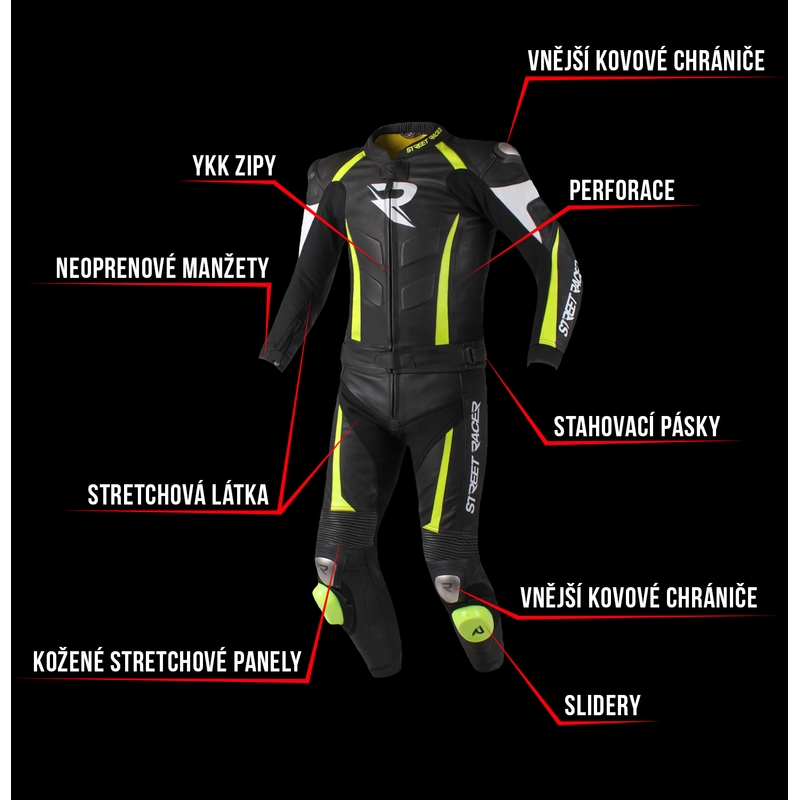Kombinezon motocyklowy Street Racer Fasttrack czarno-biało-fluo żółty wyprzedaż