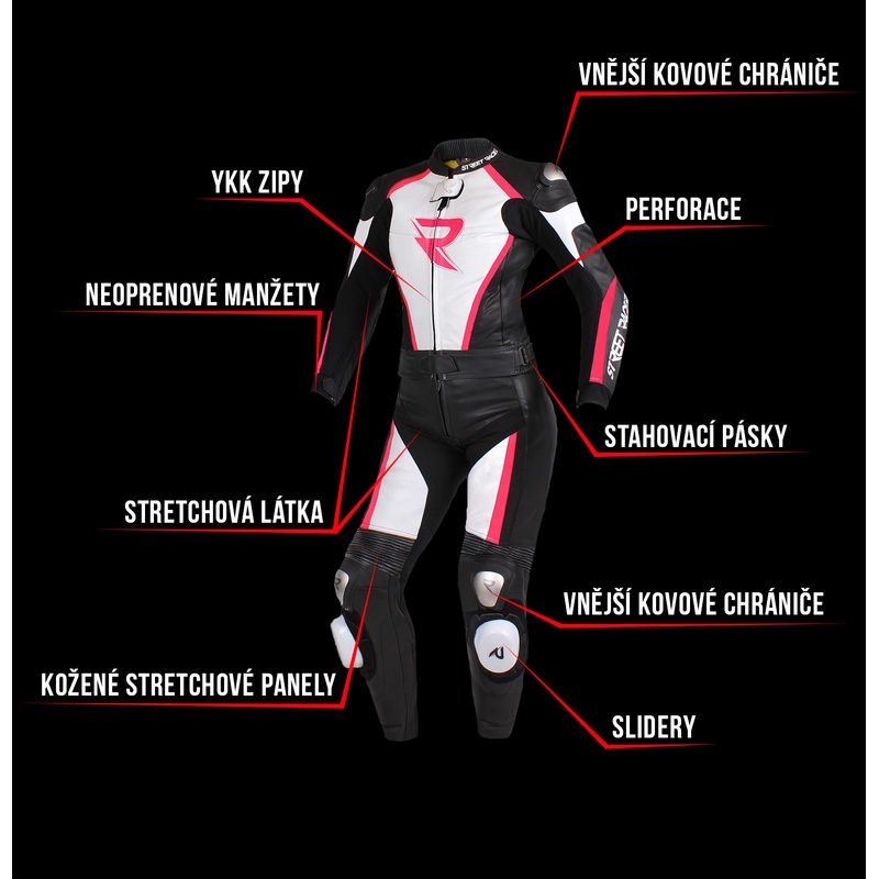 Damski kombinezon motocyklowy Street Racer Kiara czarno-biało-fluo różowy wyprzedaż