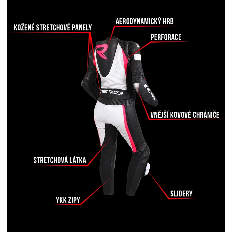 Damski kombinezon motocyklowy Street Racer Kiara czarno-biało-fluo różowy wyprzedaż