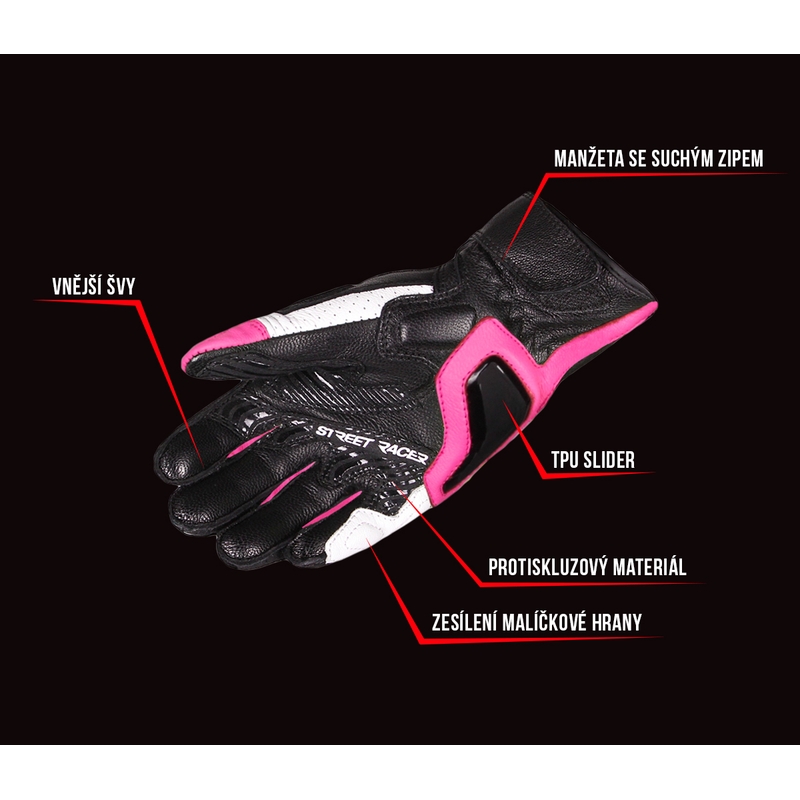 Damskie rękawice motocyklowe Street Racer XTR czarno-biało-różowe wyprzedaż
