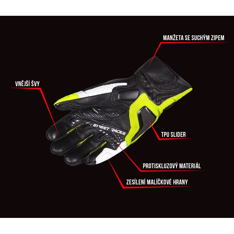 Rękawice motocyklowe Street Racer XTR czarno-biało-fluo żółte wyprzedaż