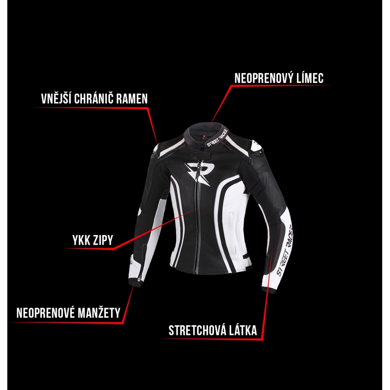 Damska skórzana kurtka motocyklowa Street Racer Electra czarno-biała wyprzedaż