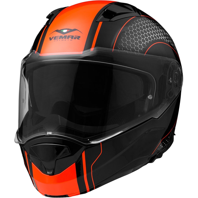 Szczękowy kask motocyklowy Vemar Sharki Hive czarny matowy-szary-neon pomarańczowy