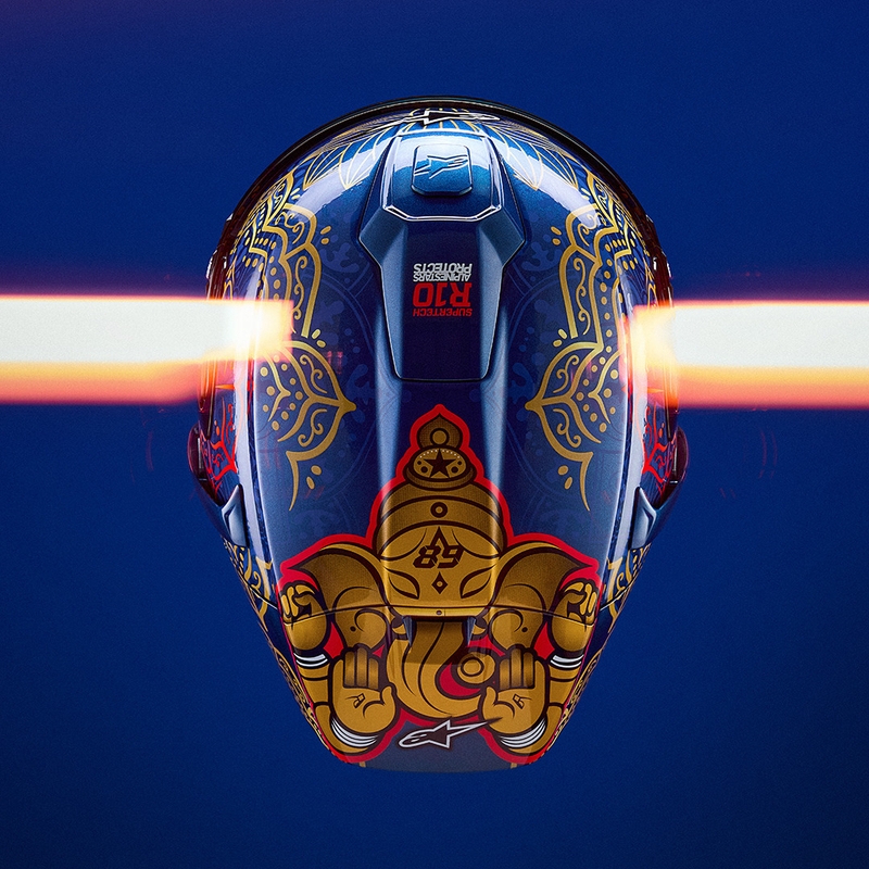 Kask motocyklowy integralny Alpinestars Supertech R10 Marthainator edycja limitowana JORGE MARTIN niebieski perłowo-złoty czerwony