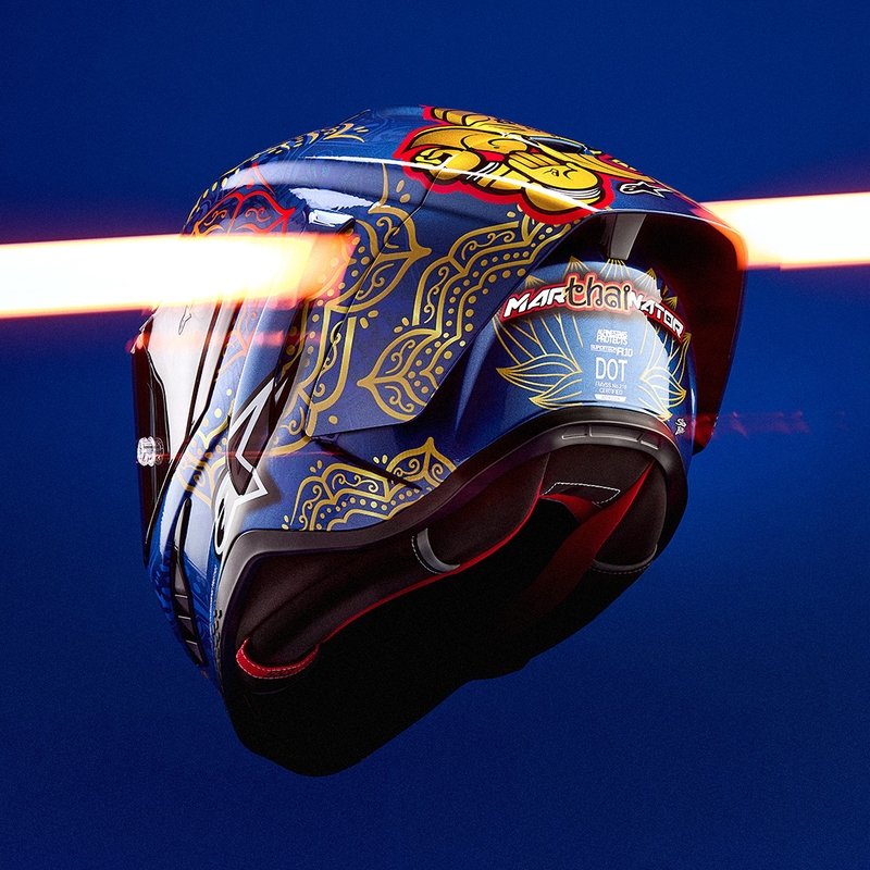 Kask motocyklowy integralny Alpinestars Supertech R10 Marthainator edycja limitowana JORGE MARTIN niebieski perłowo-złoty czerwony