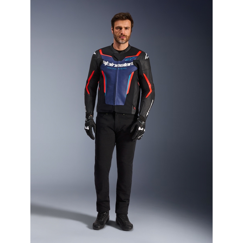 Kurtka motocyklowa skórzana Alpinestars GP Force V2 czarno-niebiesko-fluo-czerwona