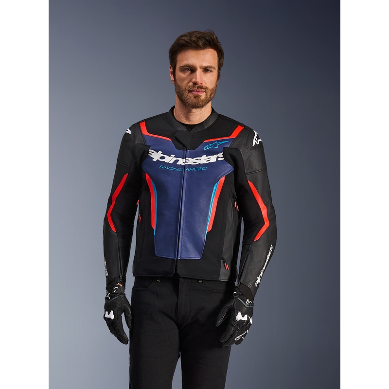 Kurtka motocyklowa skórzana Alpinestars GP Force V2 czarno-niebiesko-fluo-czerwona