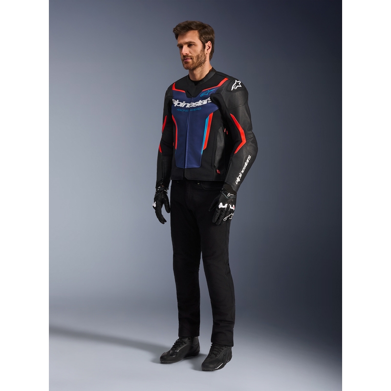 Kurtka motocyklowa skórzana Alpinestars GP Force V2 czarno-niebiesko-fluo-czerwona