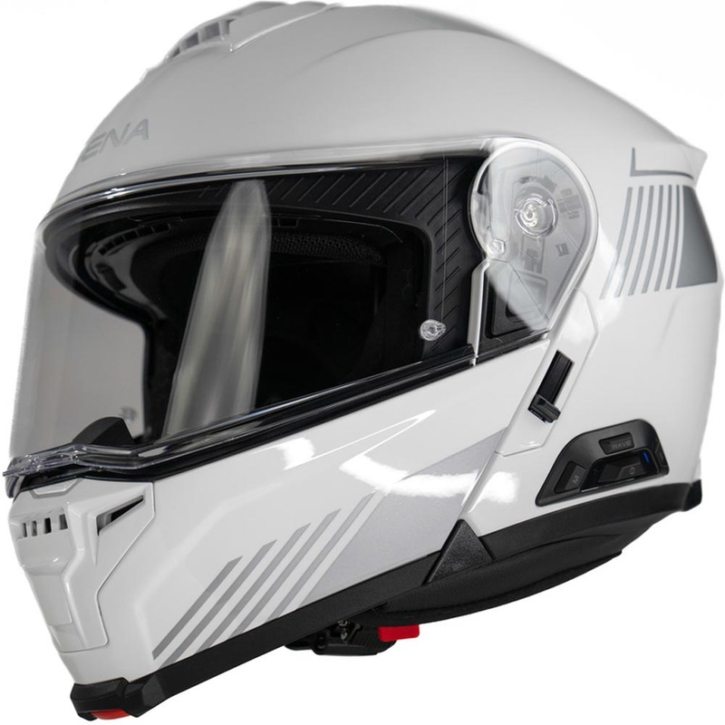 Kask motocyklowy z odchylanym daszkiem i zestawem słuchawkowym SENA Specter biały