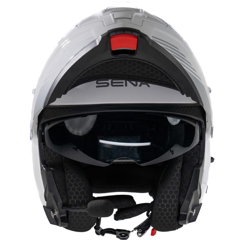 Kask motocyklowy z odchylanym daszkiem i zestawem słuchawkowym SENA Specter biały