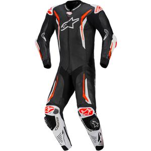 Jednoczęściowy skórzany kombinezon motocyklowy Alpinestars GP TECH V5 w kolorze czarno-biało-fluo-czerwonym