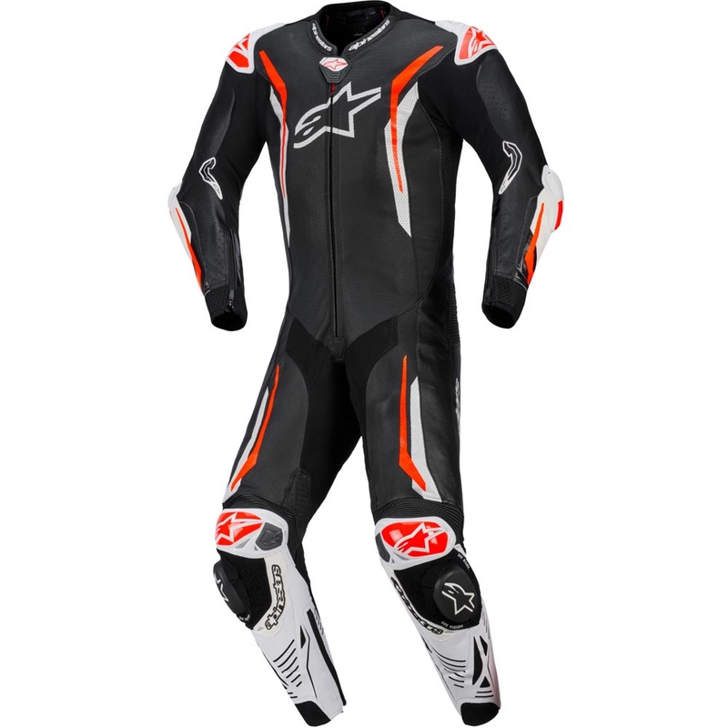 Jednoczęściowy skórzany kombinezon motocyklowy Alpinestars GP TECH V5 w kolorze czarno-biało-fluo-czerwonym