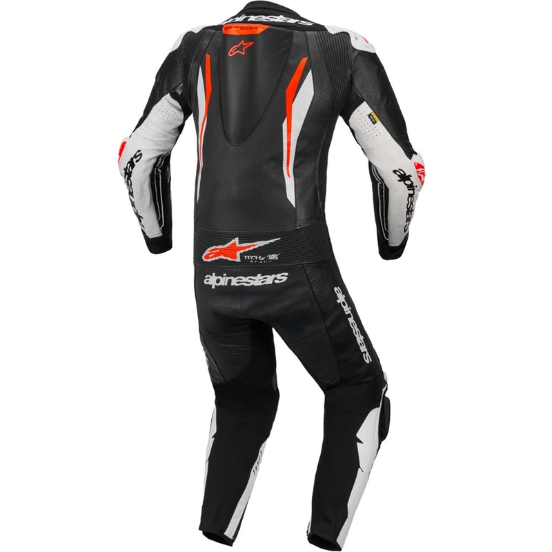 Jednoczęściowy skórzany kombinezon motocyklowy Alpinestars GP TECH V5 w kolorze czarno-biało-fluo-czerwonym