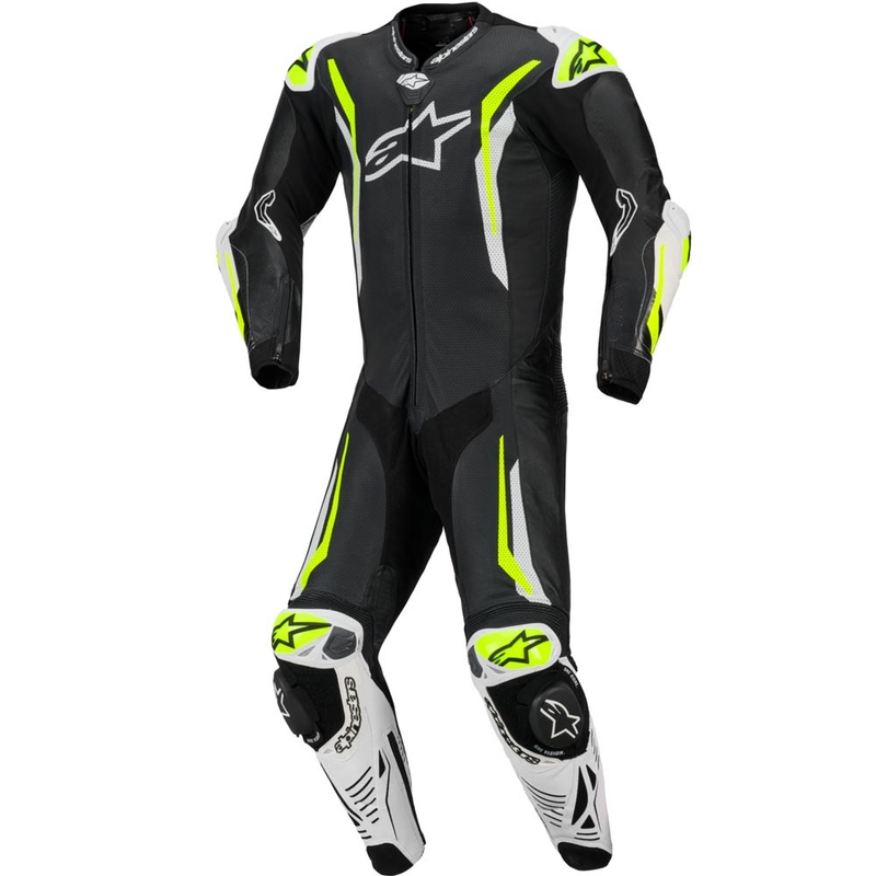 Jednoczęściowy skórzany kombinezon motocyklowy Alpinestars GP TECH V5 w kolorze czarno-biało-fluo-żółtym