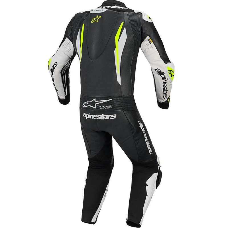 Jednoczęściowy skórzany kombinezon motocyklowy Alpinestars GP TECH V5 w kolorze czarno-biało-fluo-żółtym