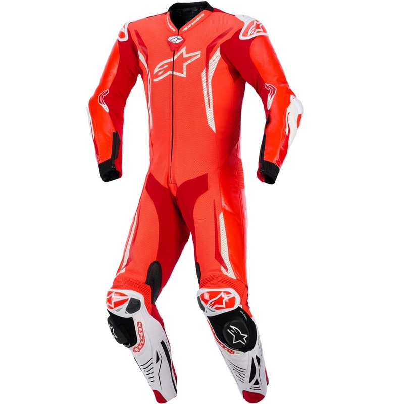 Jednoczęściowy skórzany kombinezon motocyklowy Alpinestars GP TECH V5 w kolorze czerwono-czerwono-białym fluo