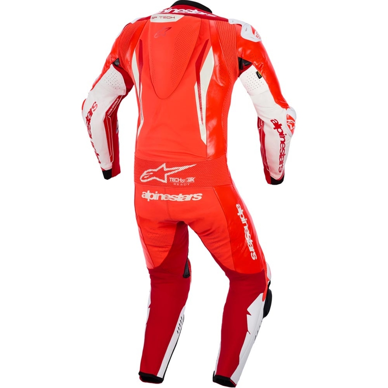 Jednoczęściowy skórzany kombinezon motocyklowy Alpinestars GP TECH V5 w kolorze czerwono-czerwono-białym fluo