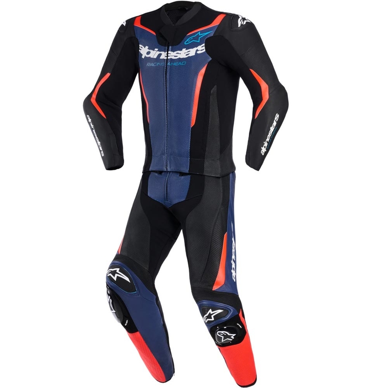 Dwuczęściowy kombinezon motocyklowy Alpinestars GP Force V2 w kolorze czarno-niebiesko-fluo-czerwonym