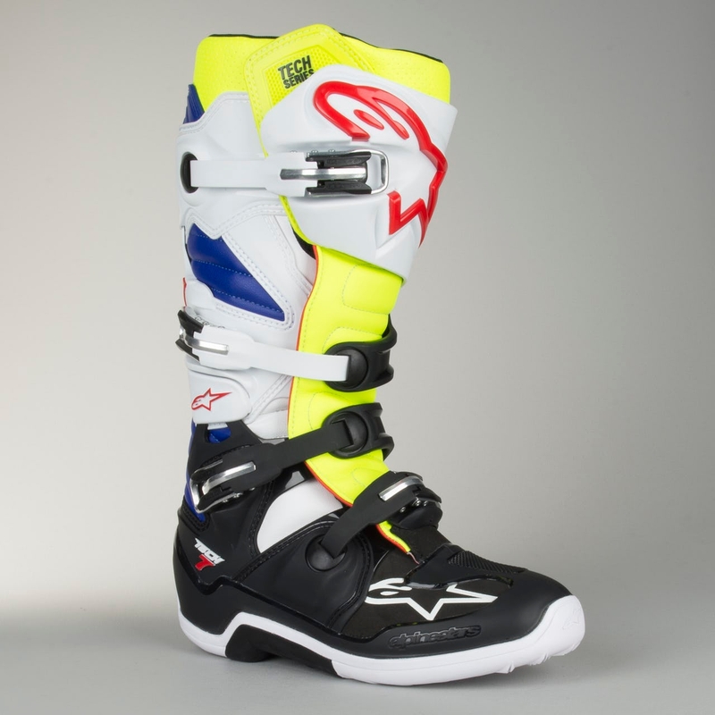 Buty motocyklowe Alpinestars Tech 7 biało-czarno-niebiesko-czerwono-fluo żółte
