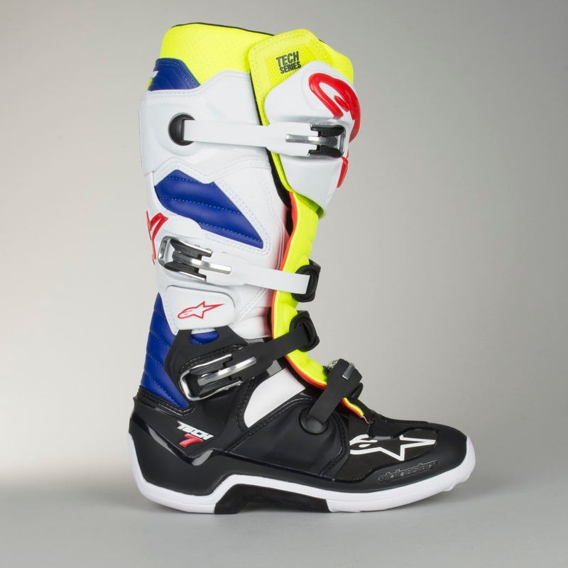 Buty motocyklowe Alpinestars Tech 7 biało-czarno-niebiesko-czerwono-fluo żółte
