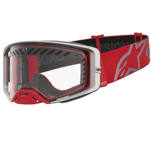 Gogle motocrossowe Alpinestars Supertech Dura Air Fluid w kolorze czerwono-srebrnym z przezroczystym pleksiglasem