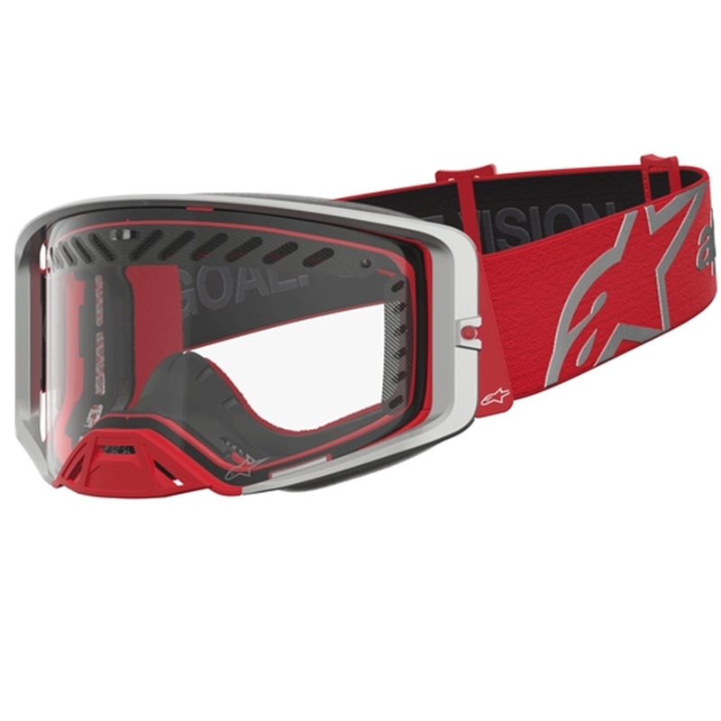 Gogle motocrossowe Alpinestars Supertech Dura Air Fluid w kolorze czerwono-srebrnym z przezroczystym pleksiglasem