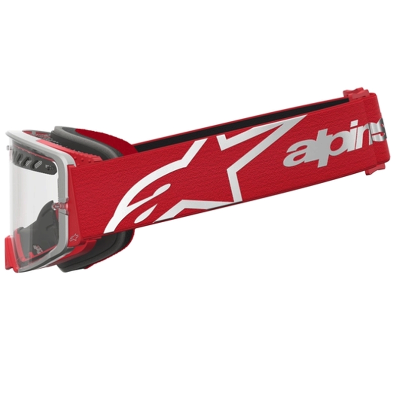 Gogle motocrossowe Alpinestars Supertech Dura Air Fluid w kolorze czerwono-srebrnym z przezroczystym pleksiglasem