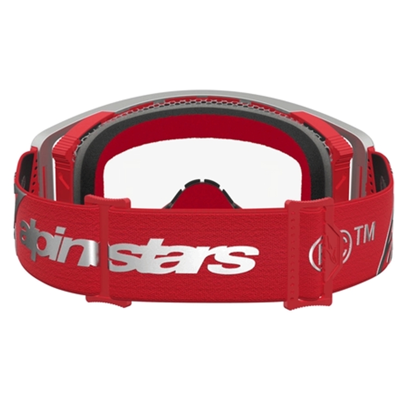 Gogle motocrossowe Alpinestars Supertech Dura Air Fluid w kolorze czerwono-srebrnym z przezroczystym pleksiglasem