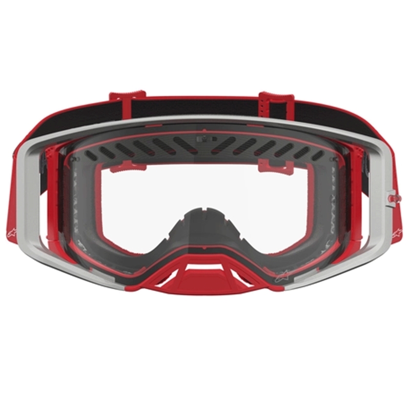 Gogle motocrossowe Alpinestars Supertech Dura Air Fluid w kolorze czerwono-srebrnym z przezroczystym pleksiglasem