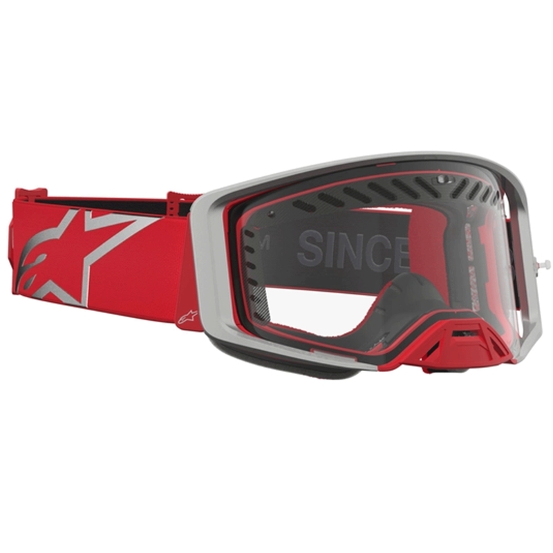 Gogle motocrossowe Alpinestars Supertech Dura Air Fluid w kolorze czerwono-srebrnym z przezroczystym pleksiglasem