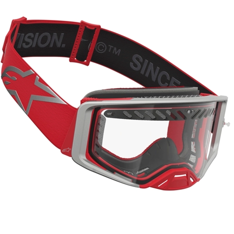 Gogle motocrossowe Alpinestars Supertech Dura Air Fluid w kolorze czerwono-srebrnym z przezroczystym pleksiglasem