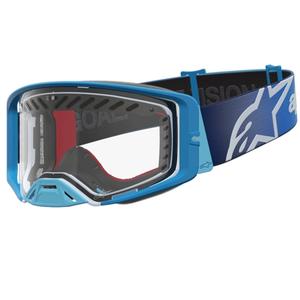 Gogle motocrossowe Alpinestars Supertech Dura Air Fluid w kolorze niebiesko-srebrnym z przezroczystym pleksiglasem