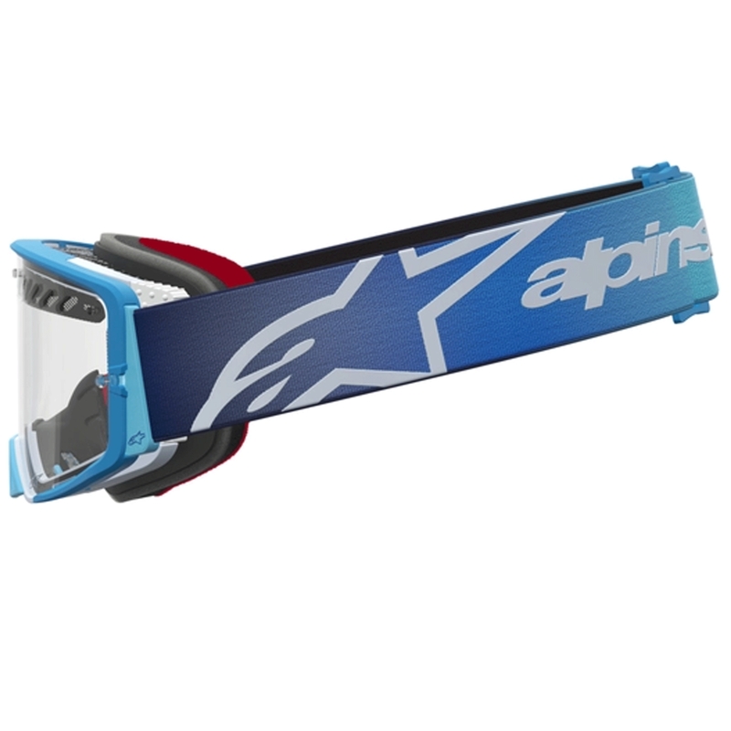 Gogle motocrossowe Alpinestars Supertech Dura Air Fluid w kolorze niebiesko-srebrnym z przezroczystym pleksiglasem