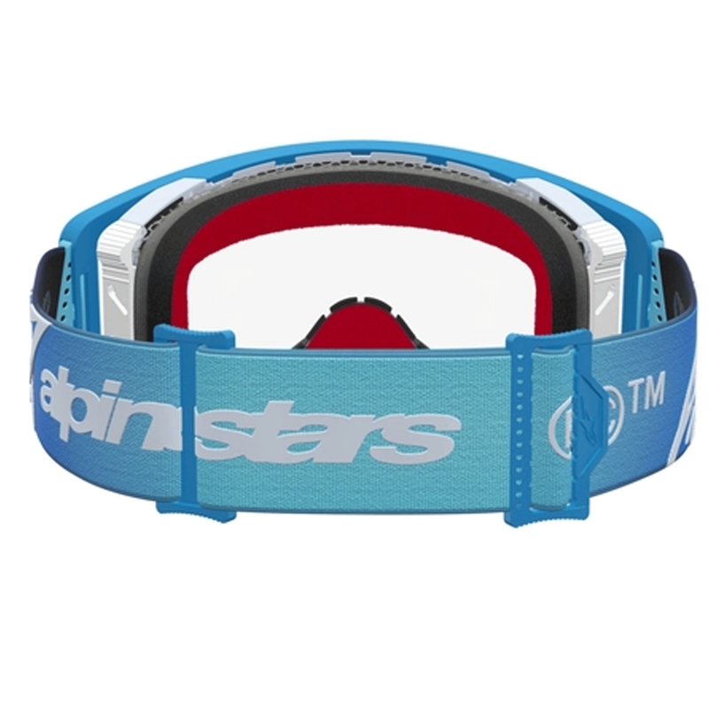 Gogle motocrossowe Alpinestars Supertech Dura Air Fluid w kolorze niebiesko-srebrnym z przezroczystym pleksiglasem