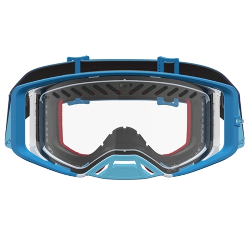 Gogle motocrossowe Alpinestars Supertech Dura Air Fluid w kolorze niebiesko-srebrnym z przezroczystym pleksiglasem