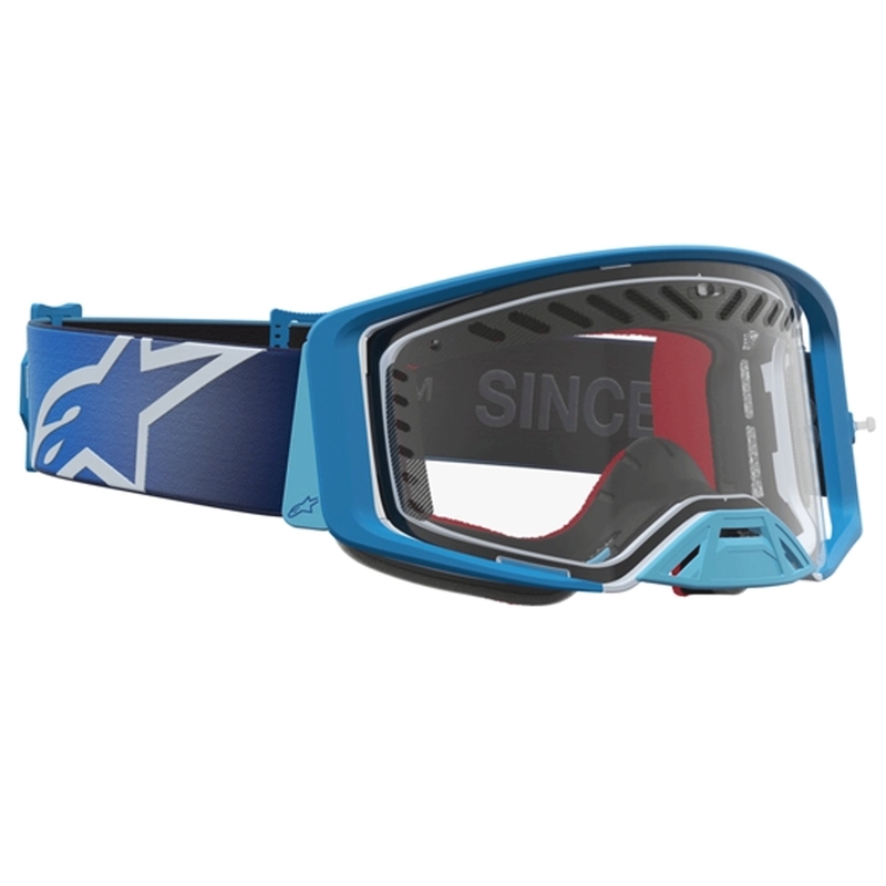 Gogle motocrossowe Alpinestars Supertech Dura Air Fluid w kolorze niebiesko-srebrnym z przezroczystym pleksiglasem
