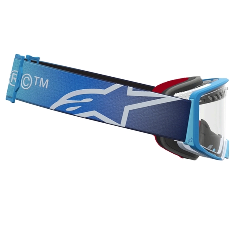 Gogle motocrossowe Alpinestars Supertech Dura Air Fluid w kolorze niebiesko-srebrnym z przezroczystym pleksiglasem