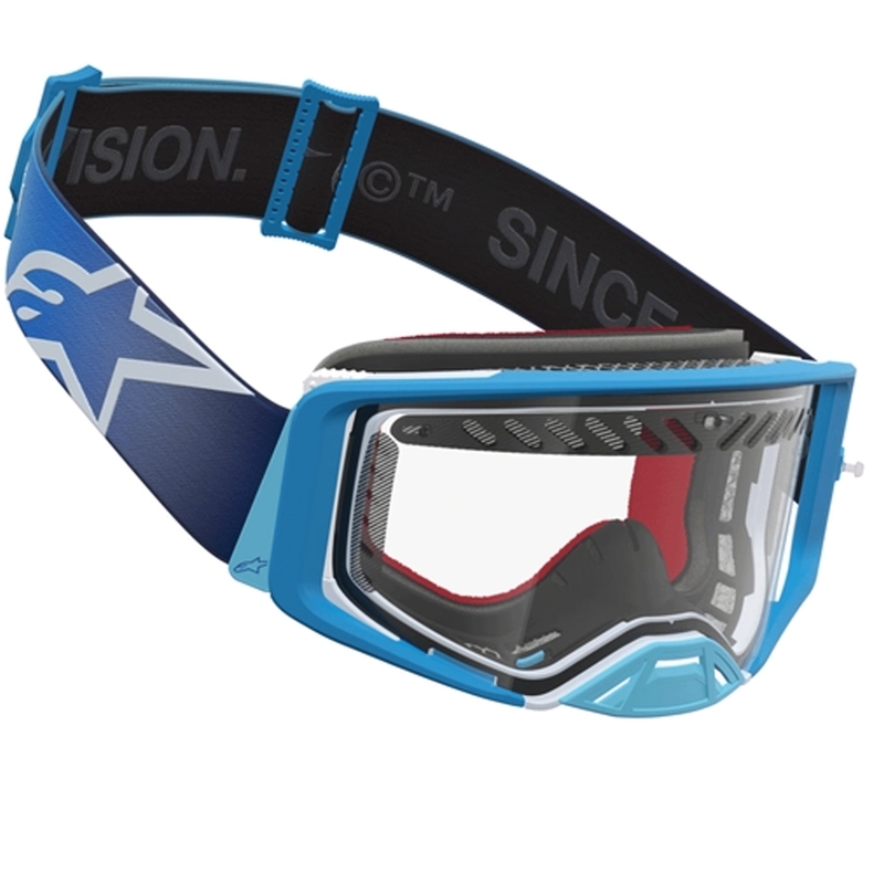 Gogle motocrossowe Alpinestars Supertech Dura Air Fluid w kolorze niebiesko-srebrnym z przezroczystym pleksiglasem
