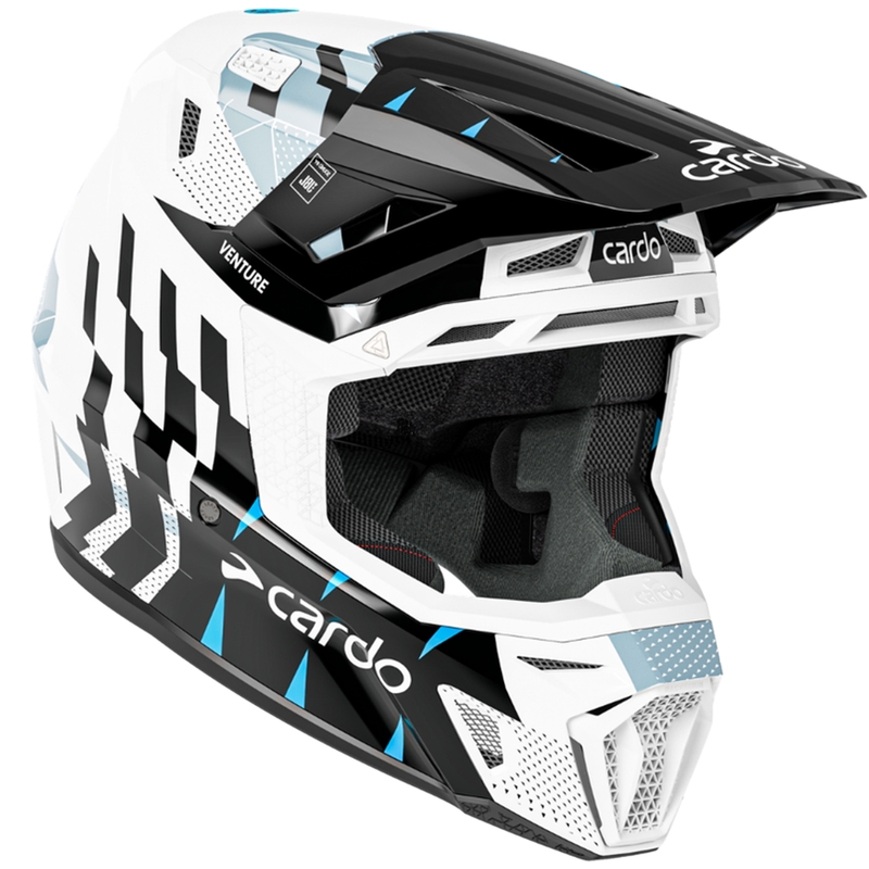 Kask motocrossowy z interkomem Cardo Venture biało-czarno-niebieski